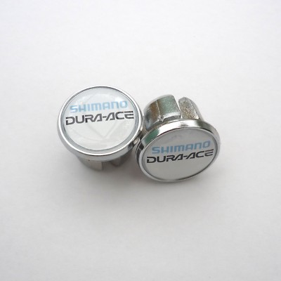 Vintage Style Shimano, Dura Ace on White, Chrome Racing Bar Plugs, Caps, Repro