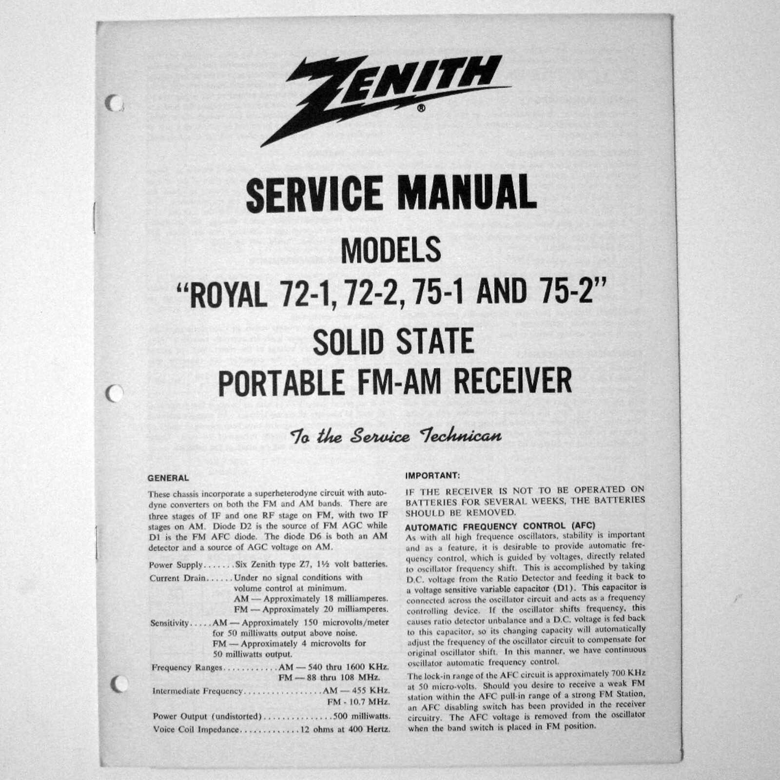 ZENITH ® Models ROYAL 72-1 72-2 75-1 75-2 Radio Service