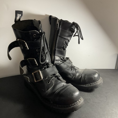 DEMONIA RIOT Size 10 Men Black Faux Leather Punk Combat Steel Toe Calf High Boot