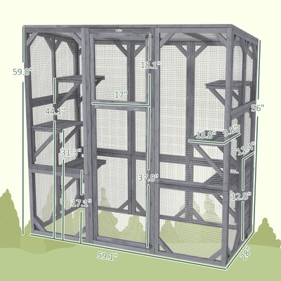 PawHut Catio Outdoor Cat Enclosure for 1-3 Cats, 59" x 28" x 60", Gray