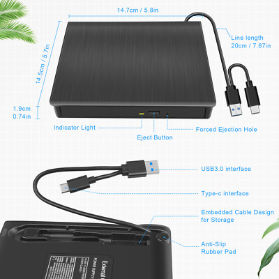 Slim External CD DVD RW Drive USB 3.0 Writer Burner Player Disc For Laptop PC