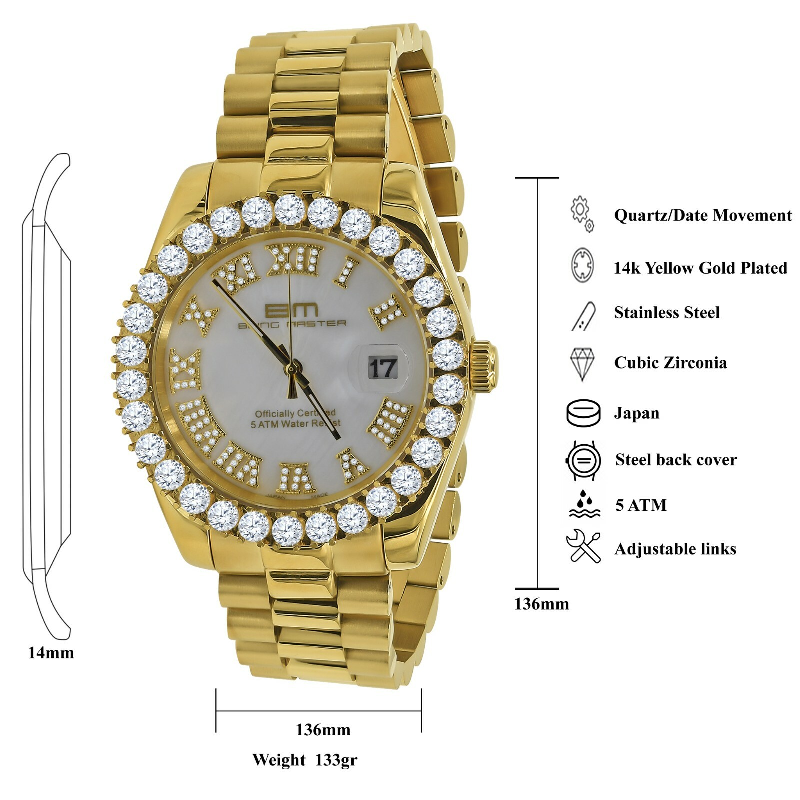 Pre-owned Bling Master Full Steel Gold Tone White Pearl Dial Simulated Diamond Presidential Watch 42mm