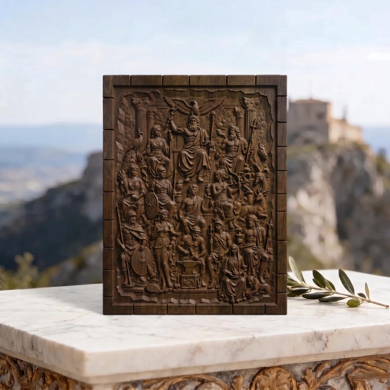 The Gathering of Olympian Gods - Ancient Greek Mythology Wood Carving Bas Relief