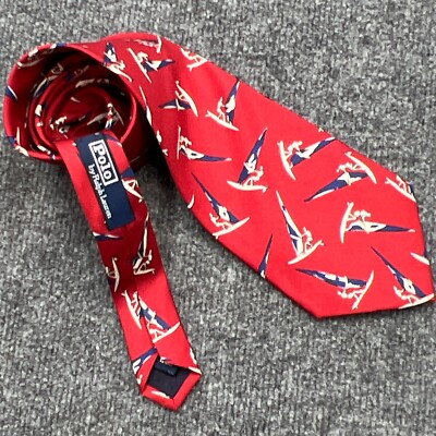 VTG 80S POLO RALPH LAUREN Mens Necktie Windsurfing Nautical Red Silk MADE IN USA
