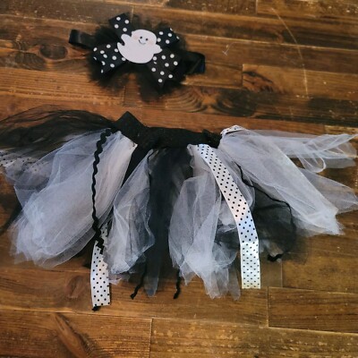 Halloween Baby Headband With Matching Tutu Black And White With Ghost 