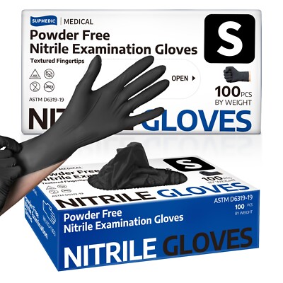 Medical Nitrile Exam Gloves, Black, Powder-Free Food-Safe Clean Disposable Glove
