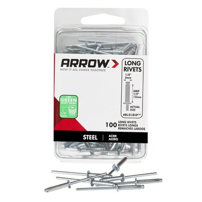 Arrow RLS1/8IP Long Steel 1/8-Inch Pop Rivets for Metal Fabric Leather and Au...