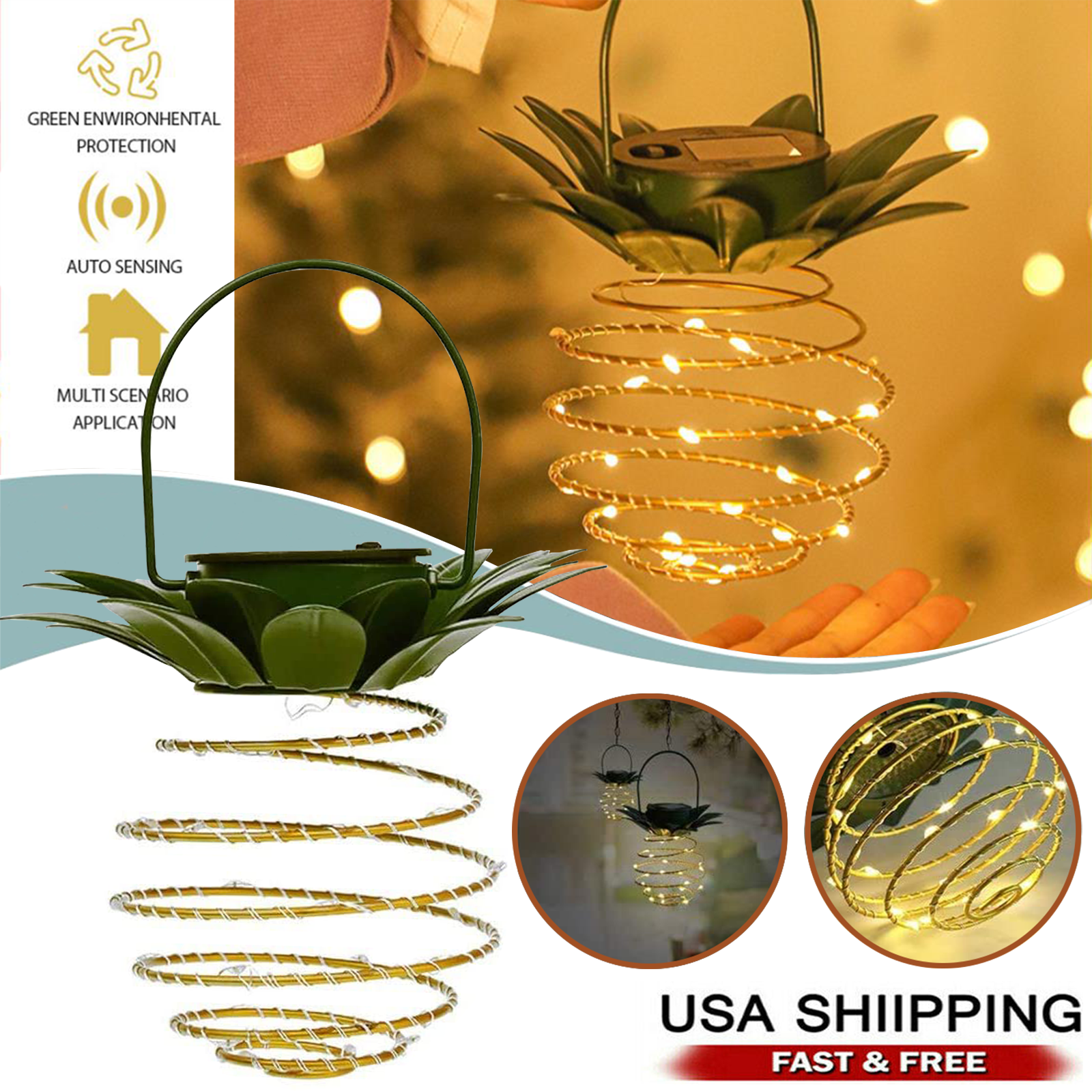 Solar Wind Chimes Light LED Pineapple Lantern Changing Hanging Lamp Garden Decor