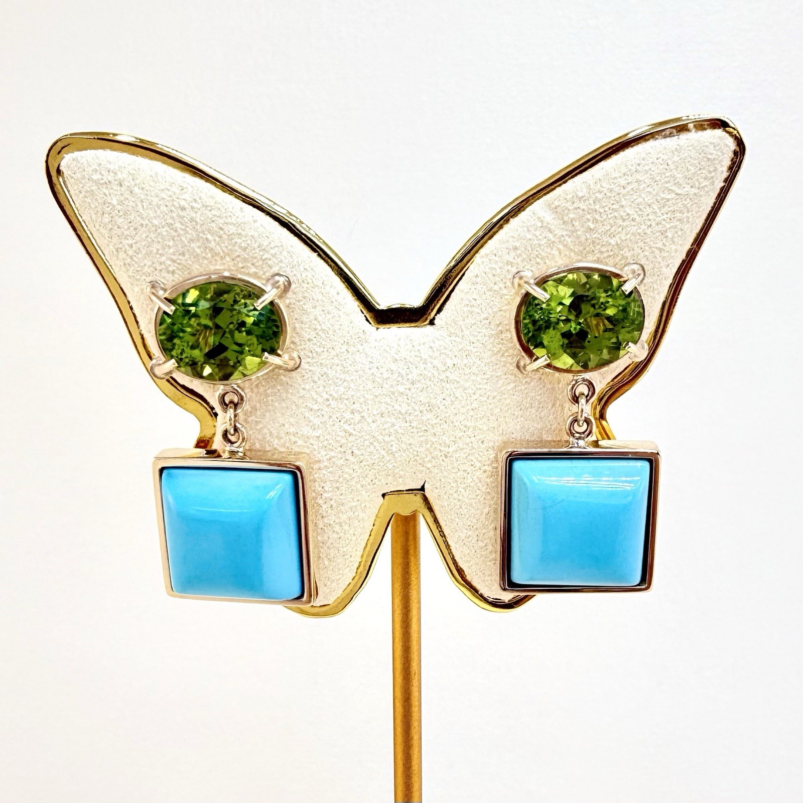14k Yellow Gold Genuine Peridot & American Turquoise Statement Earrings, New - Picture 1 of 12
