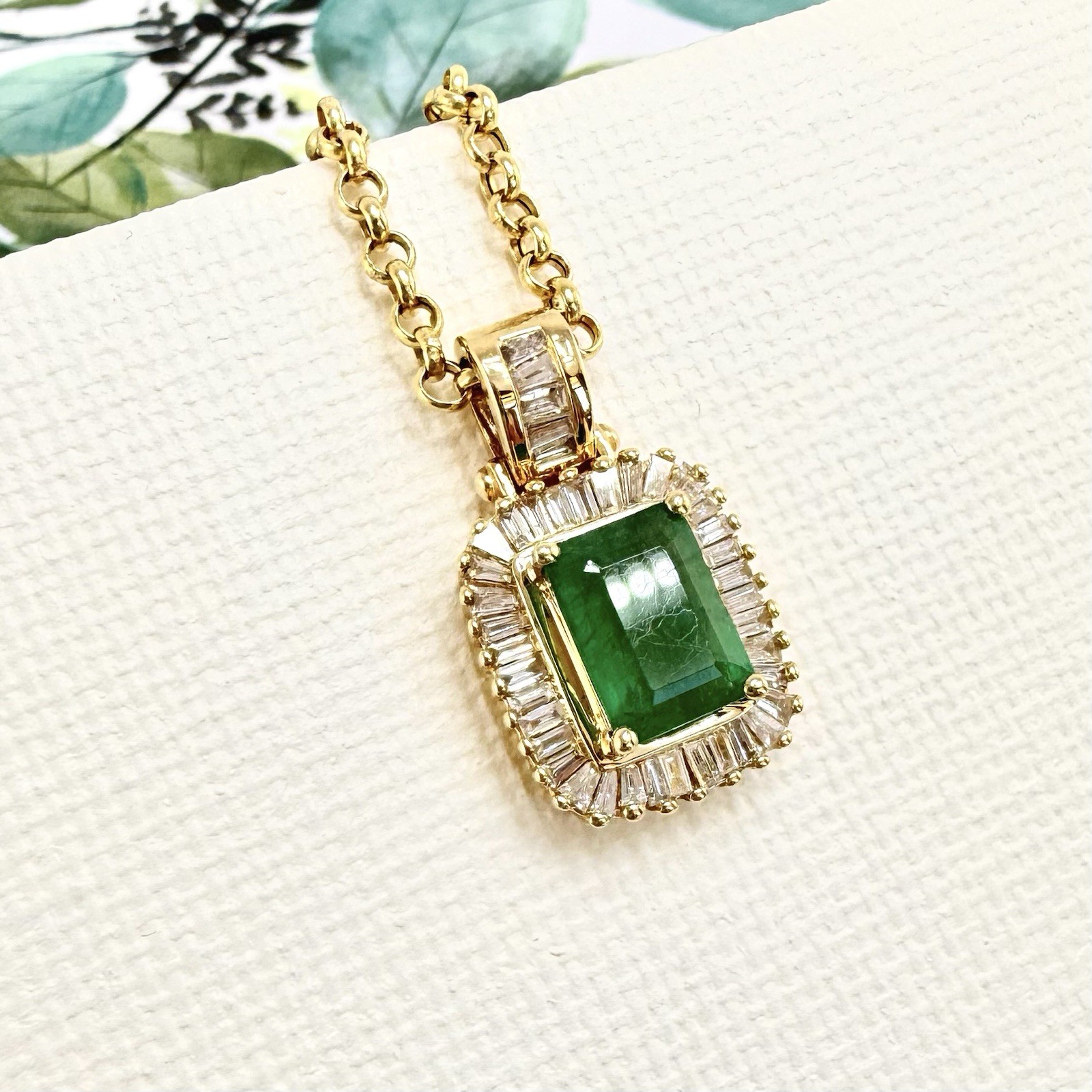 14k Yellow Gold Genuine Emerald & Diamond Pendant, Preowned - Picture 7 of 8