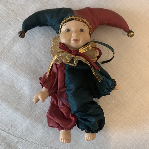 Mardi Gras Jester Baby Doll Green/Burgundy Porcelain Face, Hands & Feet VTG