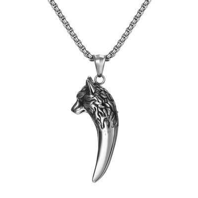 Mens 316L Stainless Steel Fenrir Wolf Head Tooth Pendant Necklace Chain 22''