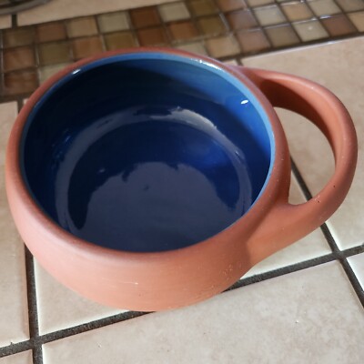 Bortner & Bortner Terra Cotta Handled Soup Bowl Blue Glaze Vtg