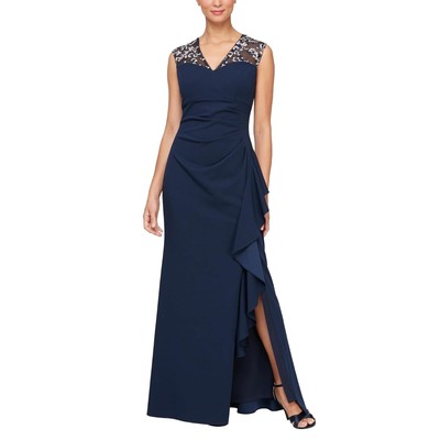 Длинное платье из матового трикотажа Alex Evenings с вышитым иллюзорным вырезом горловины