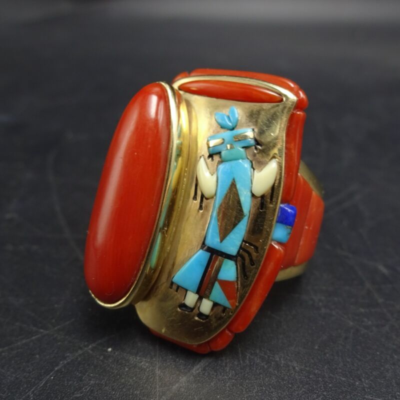 Navajo Jake Livingston 14k Gold Ring With Red Med Coral And Yei Inlay Size 7.5