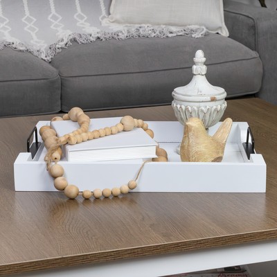 White Wooden Shiplap Serving Tray; Rustic Farmhouse Ottoman w/Black Handles