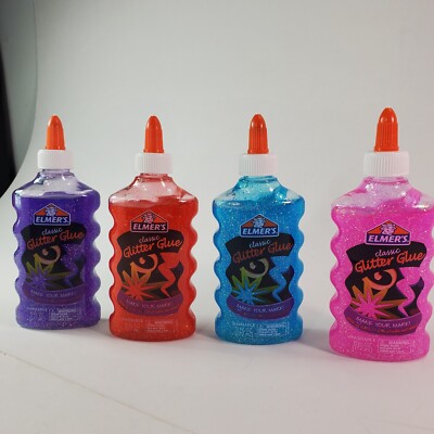 4 Elmers Classic Glitter Glue Red Blue Pink Purple 6oz Great for slime or crafts