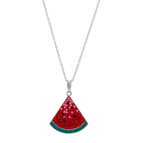Finecraft Watermelon Slice Pendant with Crystals in Sterling Silver, 18"