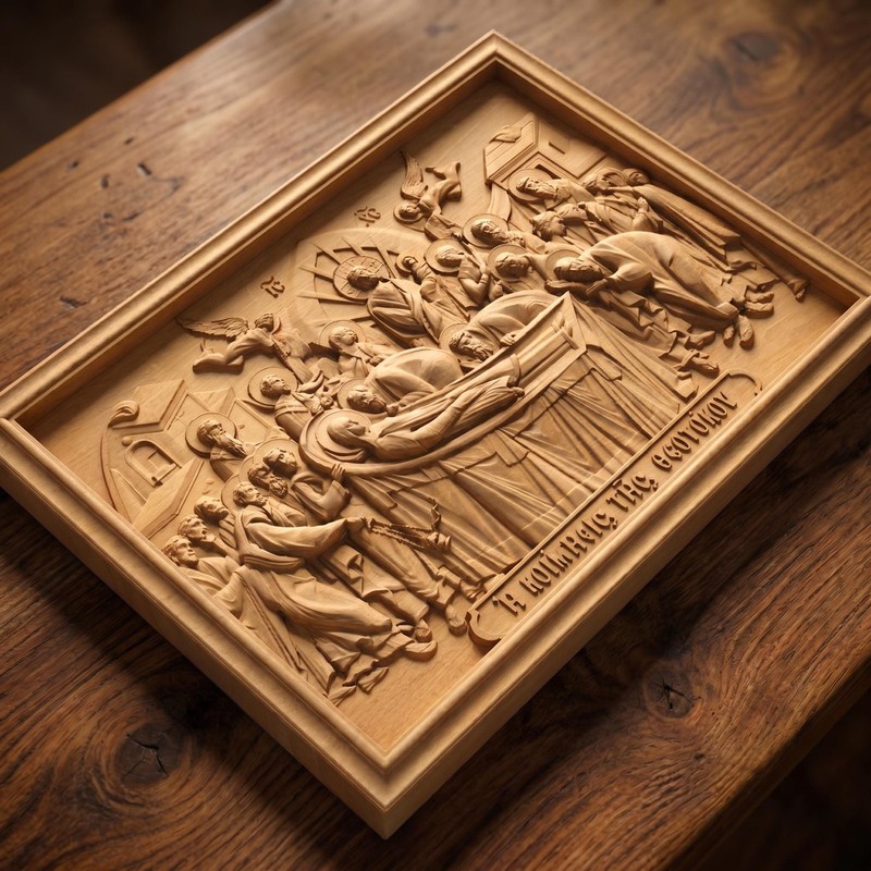 The Dormition of Mother of God Wooden Carved Handmade Byzantine Christian Icon
