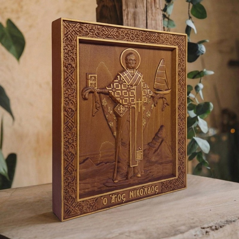 Saint Nicholas Wooden Carved Handmade Byzantine Greek Orthodox Christian Icon