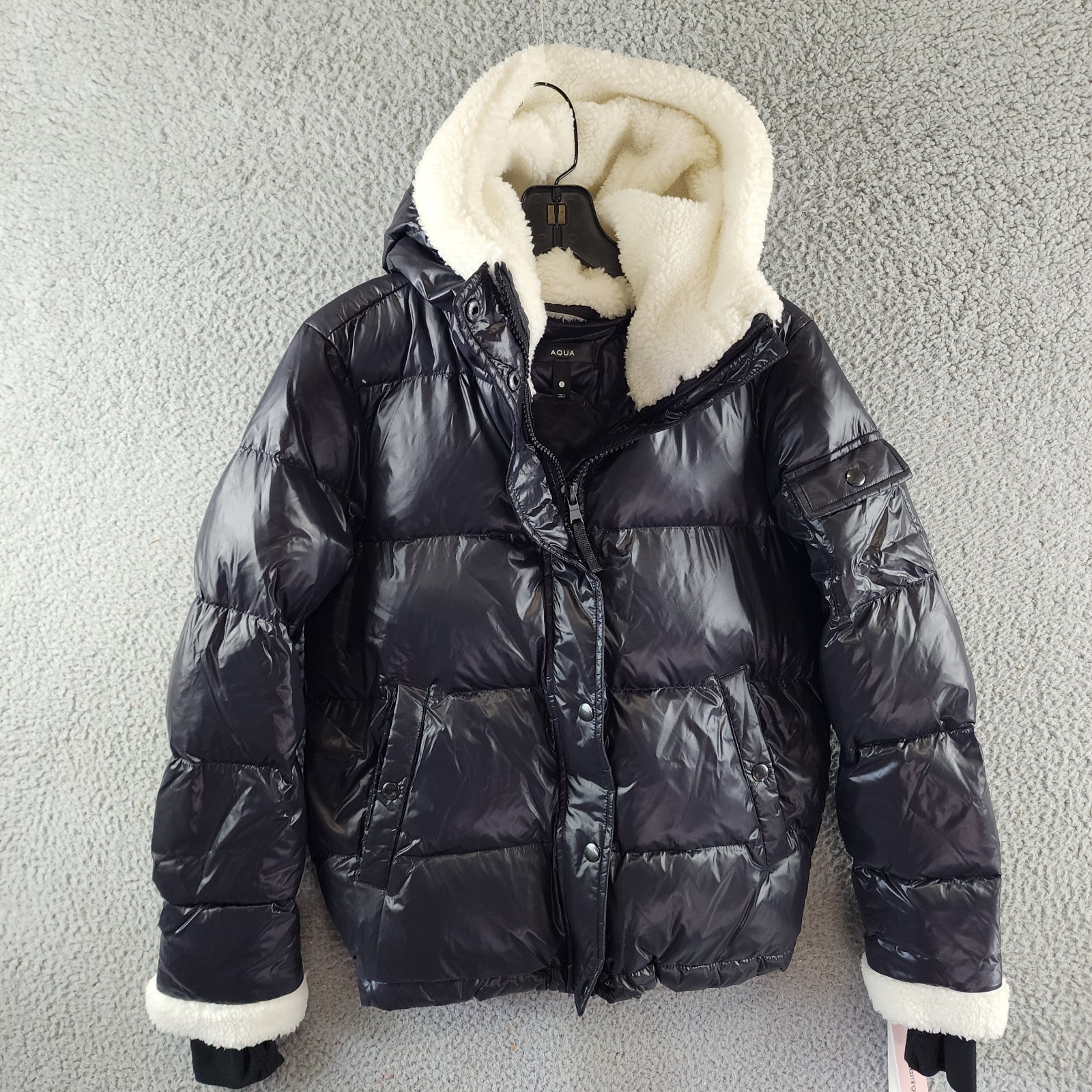 AQUA Jane Down Fur Trim Puffer Jacket Women's S Jet/White Snap/Zip Closure L/S - Picture 2 of 14