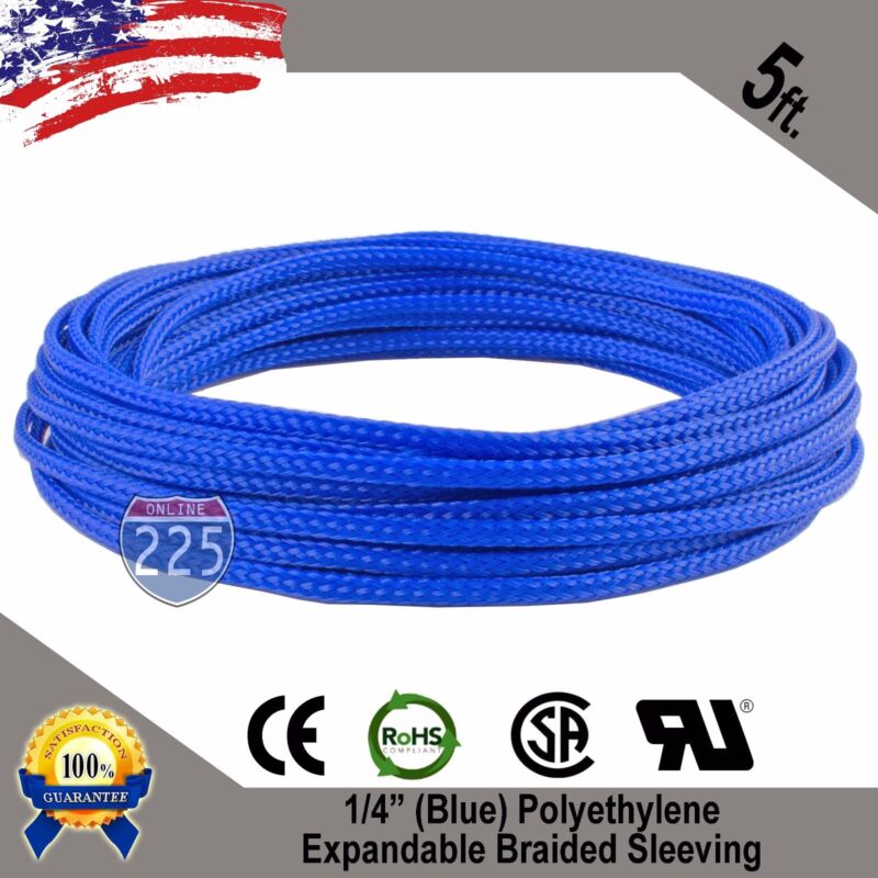 5 Ft 1/4" Blue Expandable Wire Cable Sleeving Sheathing Braided Loom Tubing Us
