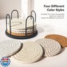 Lazebox Coasters Set of 8 for Drinks, Beer, Coffee, Cotton Woven 4 Colors Absorbent Coaster with Holder, Boho Coasters for Home Decor Tabletop Protection Suitable for Kinds of Cups, Coffee