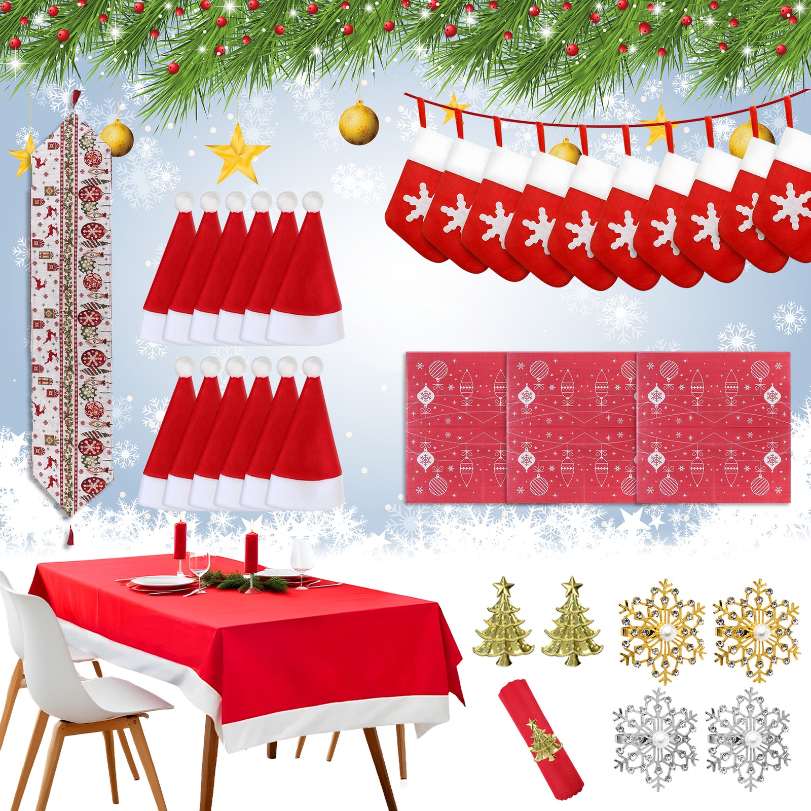 Christmas Tableware Sets Tablecloth Napkins Table Runner Christmas Party Decor