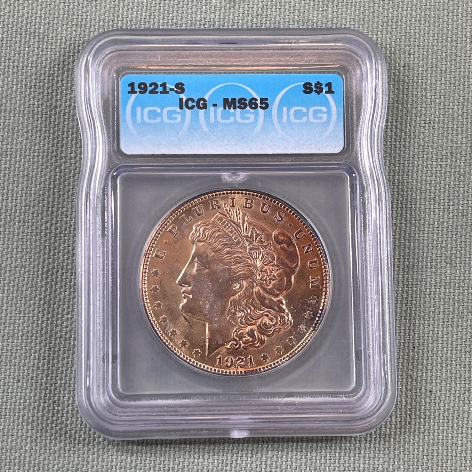 1921 S S$1 Morgan Silver Dollar ICG MS65 Purple Red Toned