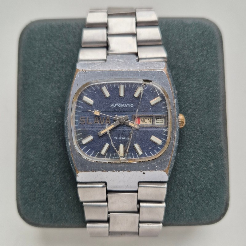 Vintage Soviet Urss Russian Watch Slava Automatic 27 Jewels Tank Tv 2427 Blue