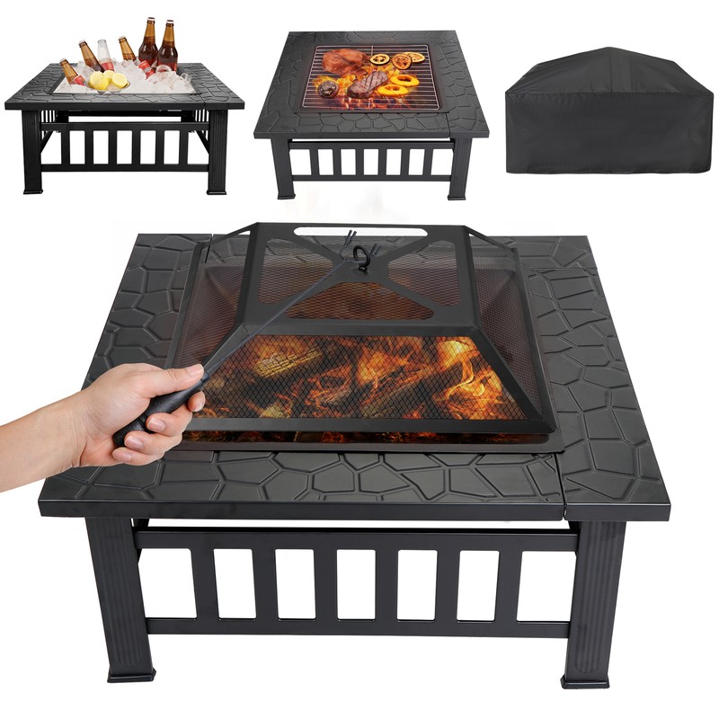 32" Square Metal Fire Pit Outdoor Patio Garden Backyard Stove