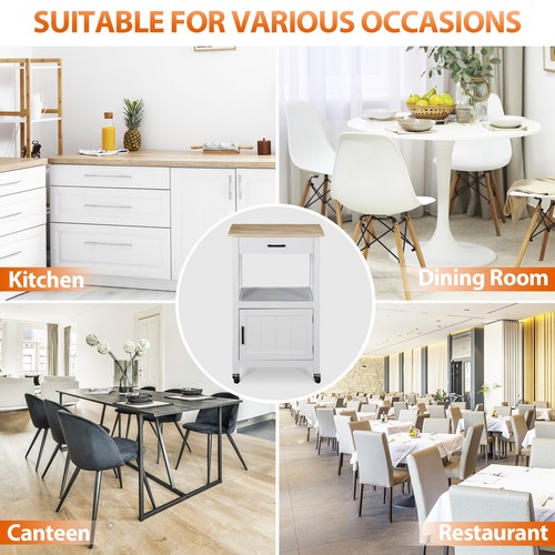 Rolling Kitchen Cart with 3 Hooks MDF Frame Microwave Stand Island, White