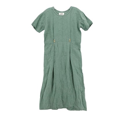 FLAX 100% Linen Midi Dress Green Woven Lagenlook Pockets Button Detail Sz PETITE