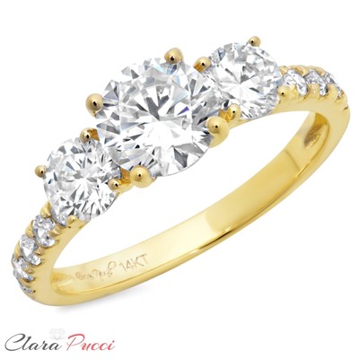 Pre-owned Pucci 2 Ct Round Cut 3 Stone Moissanite Classic Bridal Statement Ring 14k Yellow Gold In White/colorless