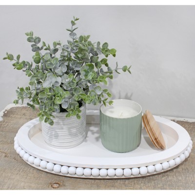 Wood Beaded Tray, Decorative Farmhouse Style Oval Wooden Tray