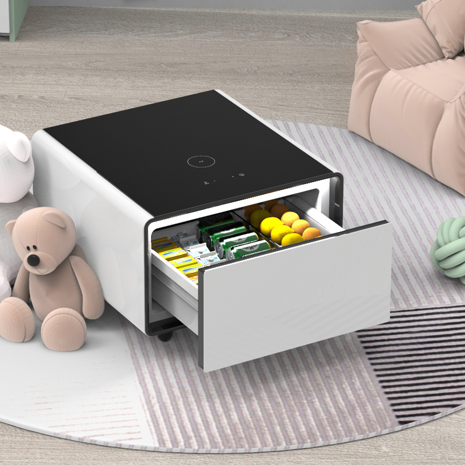 Smart Side Table Nightstand+ Built-in Fridge Wireless Charging/Speaker/LED White