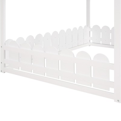 Full Size Wood House Bed Frame with Fence for Kids, Teens - White
