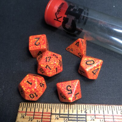 Chessex Speckled Fire Elemental Polyhedral Dice Set of 6 RPG Koplow tube pkg VTG