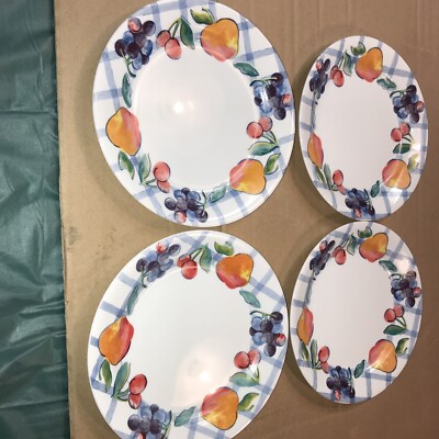 CORELLE  Fruit Too Basket Blue Grid Bread Butter Dessert Plates 7-1/4'' Lot/set 4