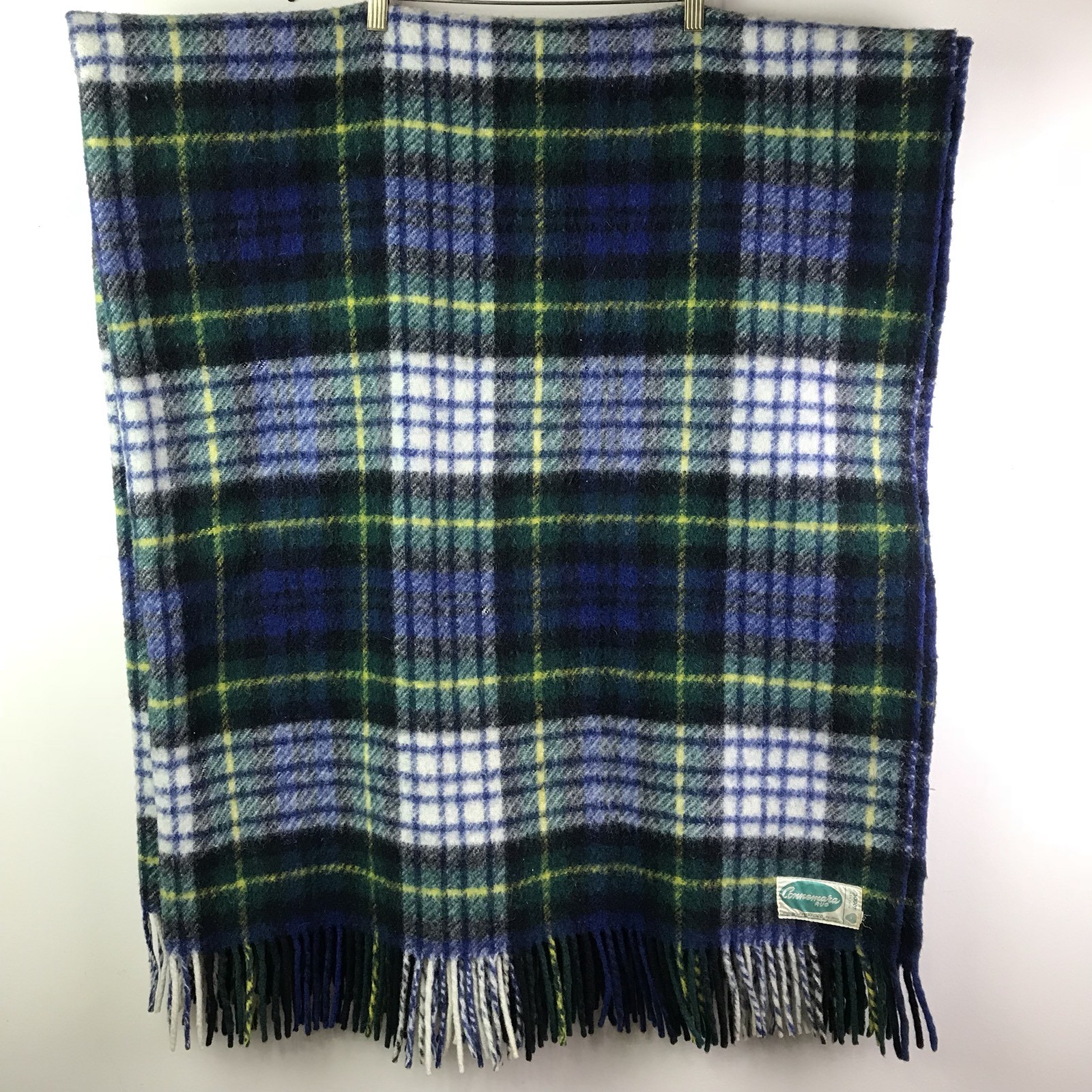 Vtg CONNEMARA Rug Irish Wool Tartan Plaid Blue Green Fringe Blanket Shannon Free