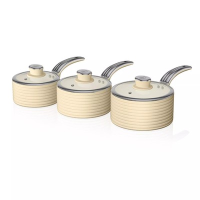 Swan SWPS3020CN Retro 3 Piece Saucepan Set, Cream