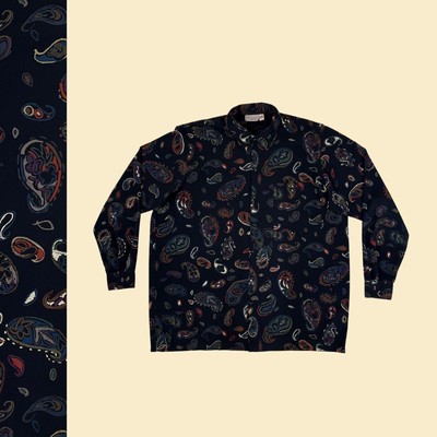 70s size 1X paisley shirt, vintage mens black, green & burgundy psychedelic top