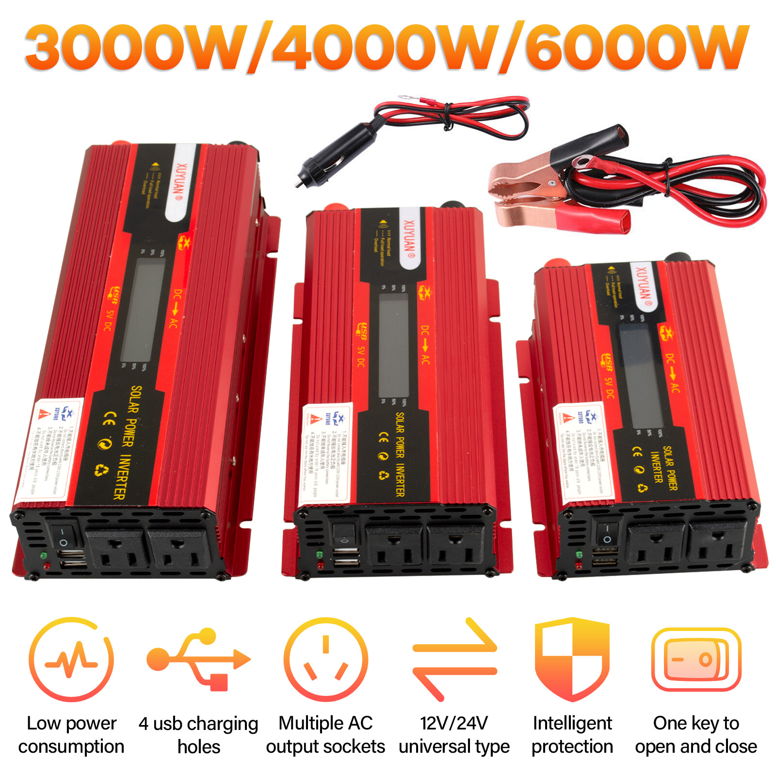 6000W Vehicle Car Power Inverter Watt DC 12V to AC 110V Pure Sine Wave Converter