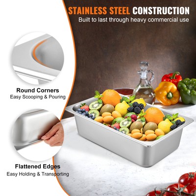 VEVOR 6 Pack 6" Deep Stainless Steel Steam Table Pans Hotel Food Prep Pan