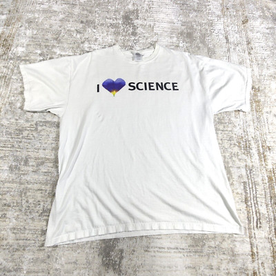 VTG Mens XL I Love Science White Graphic Tee T Shirt Spell Out Back Hit Y2K
