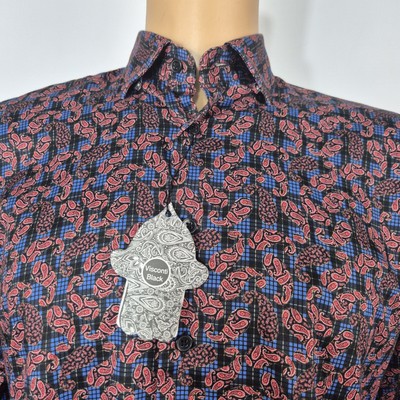 Luchiano Visconti Black Men's Shirt  Size M Button up Long Sleeve Red Blue  (50)