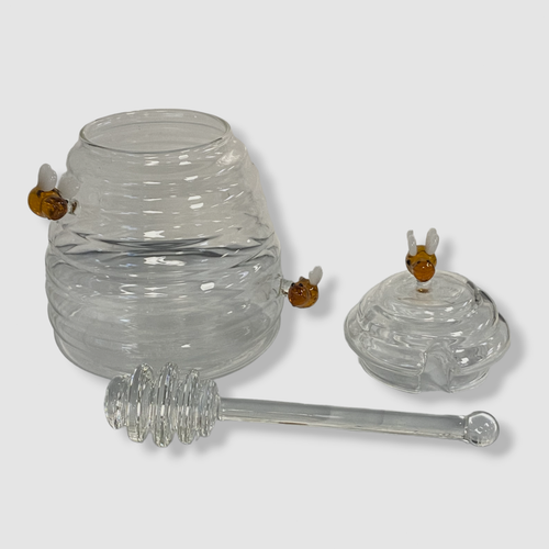 $42 Neiman Marcus Botanical Clear Glass Lid Bee Kitchen Handcrafted Honey Jar