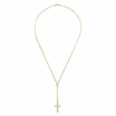 Pre-owned Welry Paperclip Lariat Necklace With Cross In 14k Yellow Gold, 18"