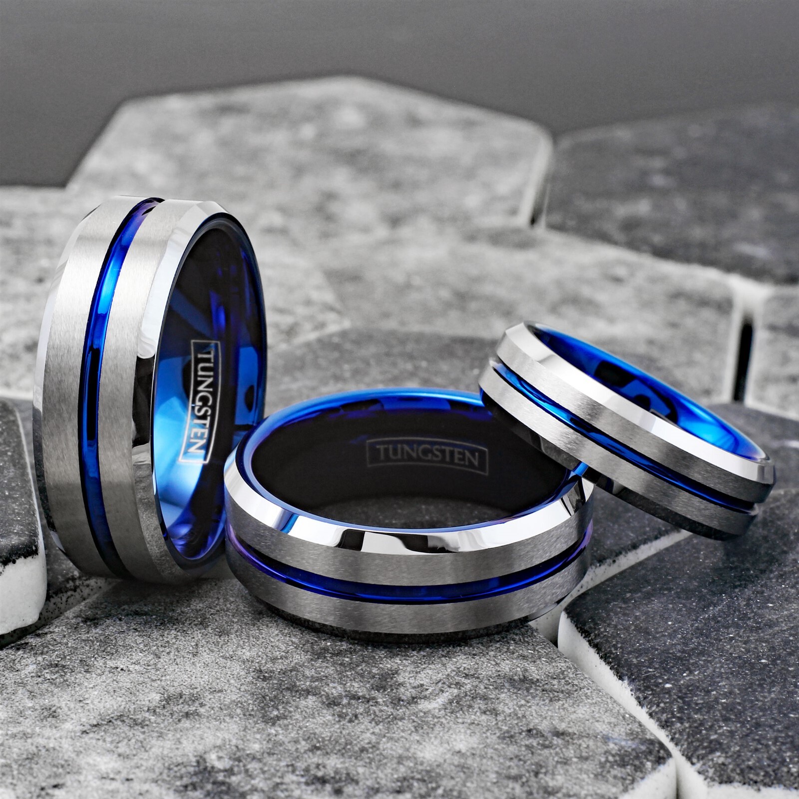 Tungsten Carbide Men's Ring Brushed Silver Thin Blue Line Wedding Band Jewelry