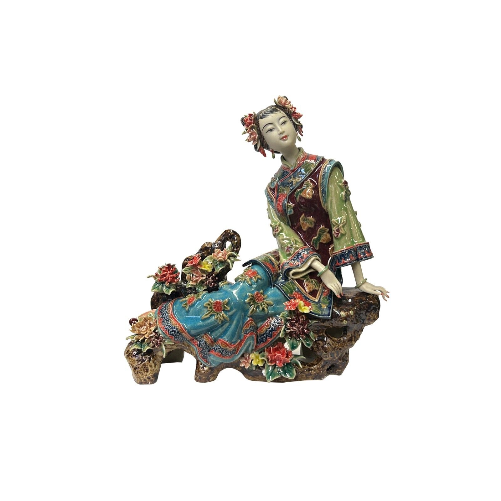 Chinese Porcelain Qing Style Dressing Flower Sitting on Rock Lady Figure ws3707S Chinese Porcelain Qing Style Dressing Flower Sitting on Rock Lady Figure ws3707S